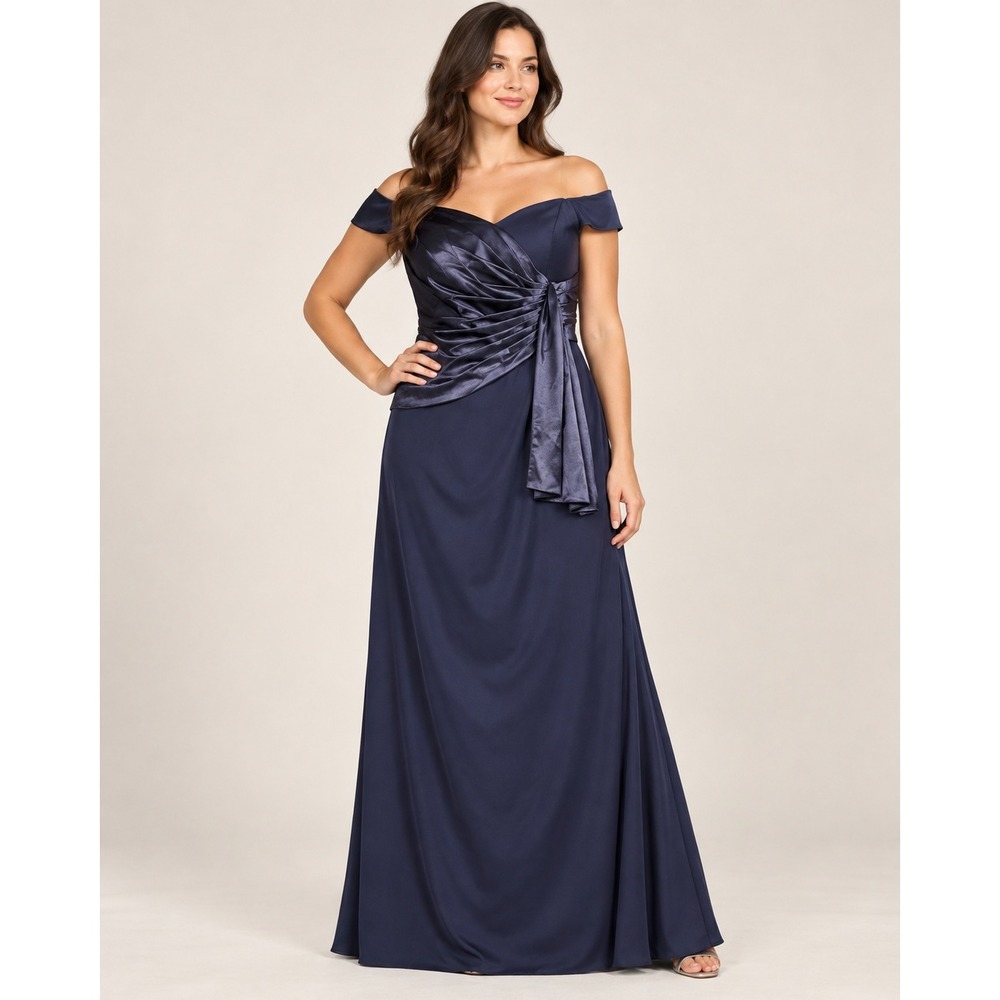 Eliza J Navy Blue Off The Shoulder Satin Crepe Gown EJ5W3356 18W NEW